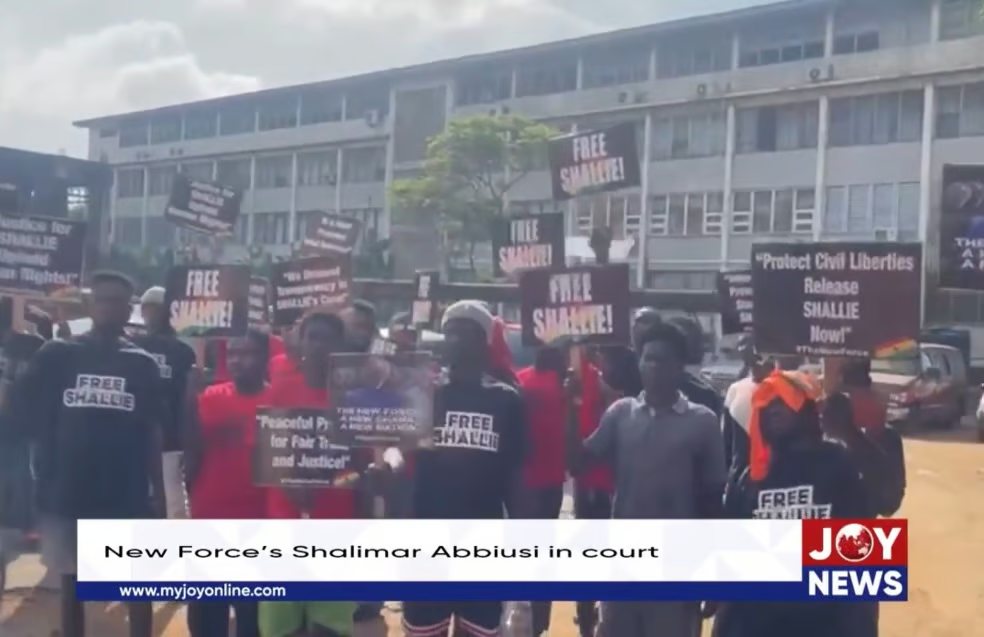 Demonstrators gathered outside a court building holding placards reading Free Shallie and Protect Civil Liberties, Release Shallie Now