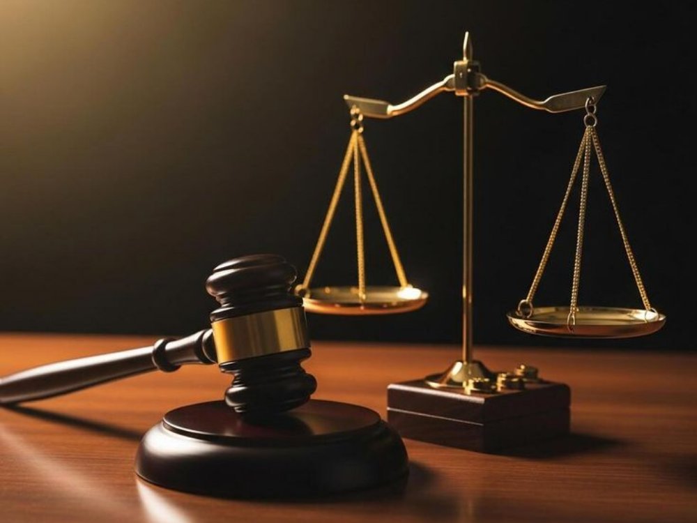 A judge’s gavel beside brass scales of justice on a wooden desk